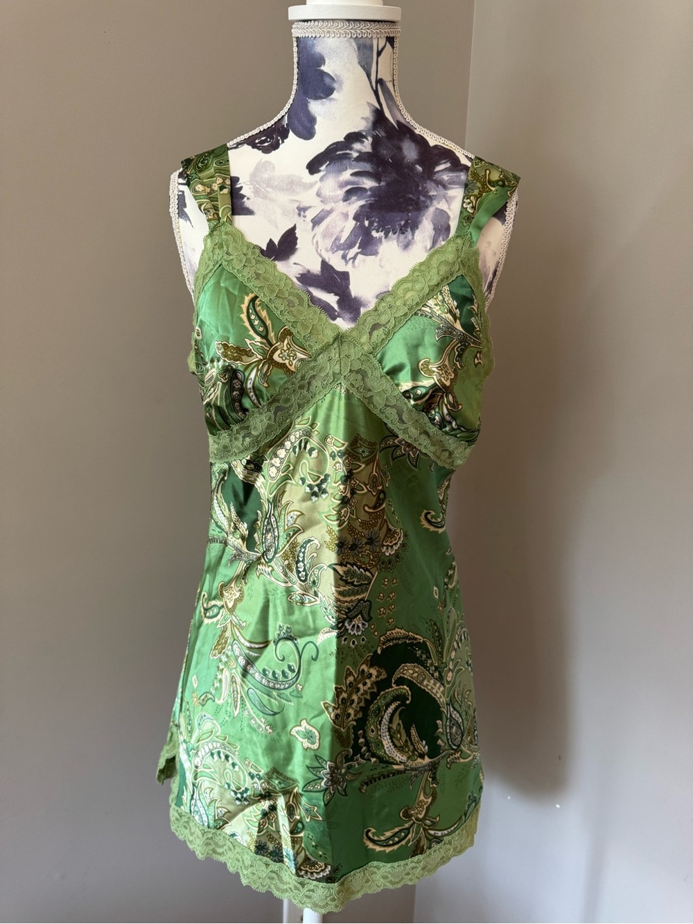 Y2K Digital Green Paisley Lace Trim Camisole